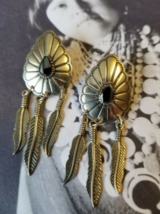 Vintage Sterling Silver Navajo Concho Feather Earrings Signed