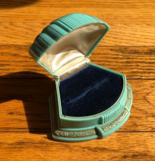 VINTAGE ART DECO CELLULOID RING BOX CLAM SHELL TEAL & GOLD “WS YORK” 2