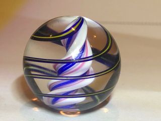 Vintage 1.  09” Glass Solid Core Peppermint Swirl Marble With Dark Blue&yellow