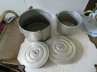 2 Vintage Aluminum Camping Pots With Wire Bail Handles.