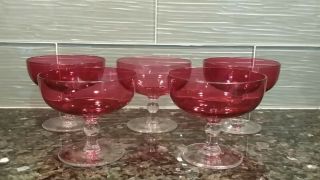 5 Vintage Cranberry Pink Glass 4 Oz Sherbet/champagne Goblets - Clear Stems