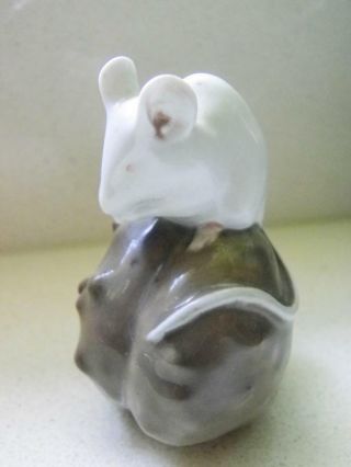 Royal Copenhagen Denmark - Vintage Porcelain Mouse Eating On Top Of A Chestnut