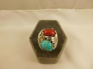 Vintage Signed Native American Sterling Silver Turquoise Coral Ring 26.  6 Grams