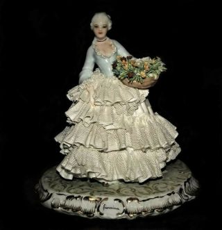 Vintage Italian Porcelain Dresden Lace Lady And Basket Of Flowers Italy Figurine