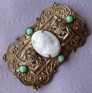 Vintage Small Czech White Glass Cameo Turquoise Bead Brooch