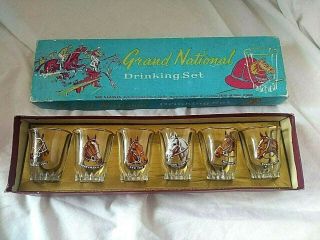 Vintage Grand National Drinking Shot Glasses Horses Retro Box 1950 - 1960