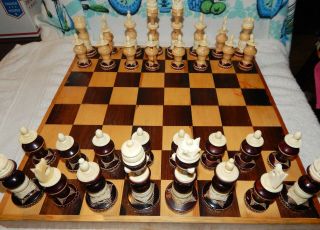 Vintage Carved Bone And Wooden Chess Set With Wooden Folding Chess Board
