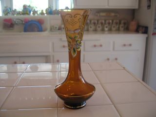 Vintage Czech Bohemian Italian Gold Hand Painted Enamel Floral Design Bud Vase