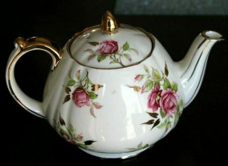 Vtg Sadler England Roses Bud Gold Floral China Teapot Gorgeous