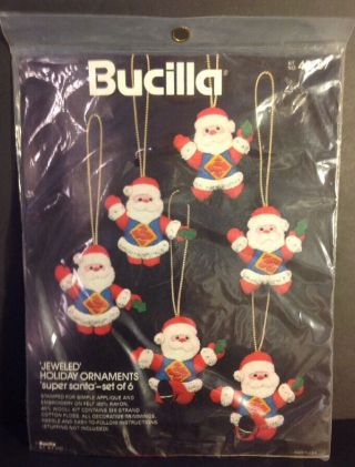 Vintage Bucilla Felt Jeweled Holiday Ornaments Kit " Santa " Set Of Six Nip