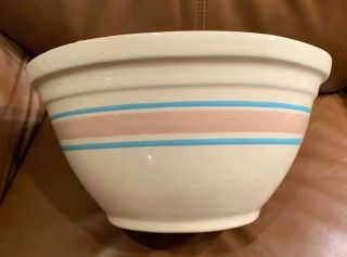 Vintage Mccoy 12 " Pottery Mixing Bowl Pink & Blue Stripe Farm House Nesting