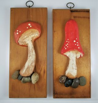 Vintage Set Red Mushrooms Chalkware 3d On Wood Wall Hanging Mid Century Art Cute