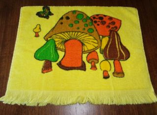 Vtg Cannon Terry Cloth Hand Dish Towel Merry Mushroom Butterfly Mid Century Mod