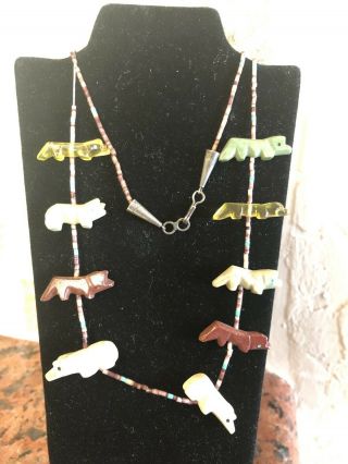 Vintage Zuni Bear Fetish Necklace Native American Carved Missing 4 Pics “as Is”