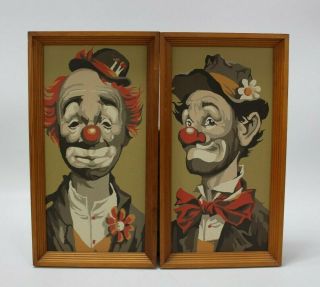 Vintage Paint By Number Set Of 2 Clown Paintings Framed 1960’s 13 X 7 "