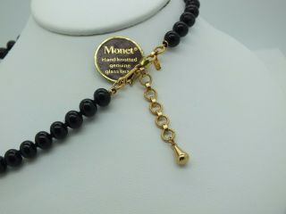 VINTAGE MONET SIGNED BLACK GLASS BEAD NECKLACE WITH TAG 4