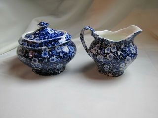 Vtg.  Crownford China Staffordshire England Calico Blue Creamer & Sugar Bowl/lid
