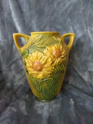Vintage Roseville Art Pottery Sunflower Doubled Handle Vase 63 - 8