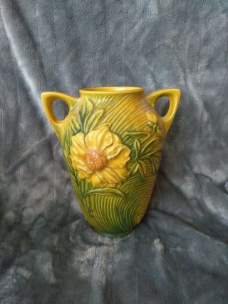 VINTAGE ROSEVILLE Art Pottery SUNFLOWER Doubled HANDLE VASE 63 - 8 3