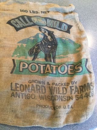 Vintage Wolf 100 Lb Burlap Potato Sack Bag - Potatoes - Call Of The Wild