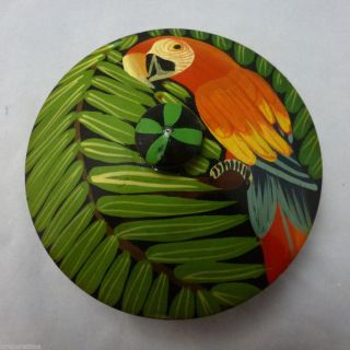Vintage Hand Painted Wooden Tropical Macaw Parrot Bird Round Trinket Box