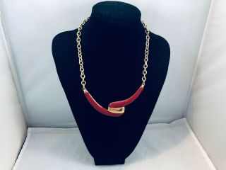 Vtg.  Monet Red Enamel & Shiny Gold Tone Art Deco Chain Necklace