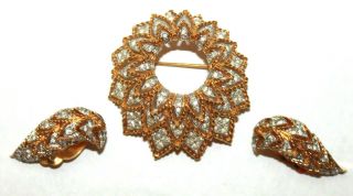 Vintage Jomaz Joseph Mazer Clear Rhinestone Gold Plated Brooch Pin Earrings Set
