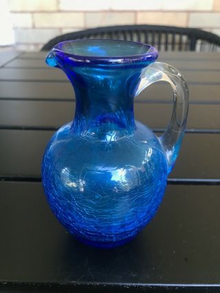 Vintage Blue Crackle Glass Small Pitcher Creamer Applies Handle