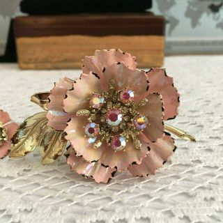 Vtg Coro Pink Enamel Ab Rhinestones Flower Brooch Earrings Set Large 3 " X 2 "