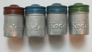(4) Vintage Kodak Aluminum Embossed 35mm Screw Top Film Canisters Three Colors