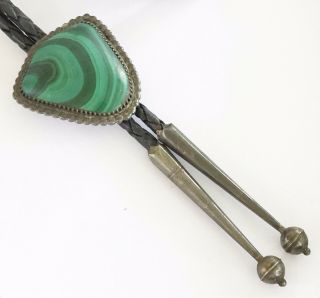 Vintage Old Pawn Navajo Sterling Silver Malachite Bolo Tie Necklace Tips Signed