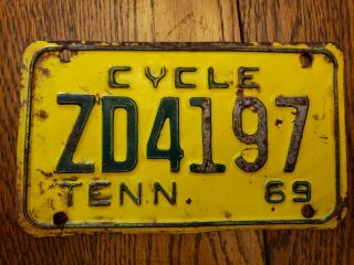 Vintage 1969 Tennessee Motorcycle License Plate Black Yellow