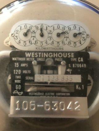 WESTINGHOUSE WATTHOUR METER SINGLE PHASE TYPE CA 15 AMPS VINTAGE 2