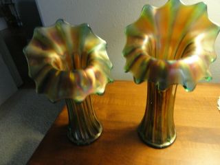 Vintage Carnival Glass Jack In The Pulpit Vases (2),  9 " & Approx.  10 " Tall