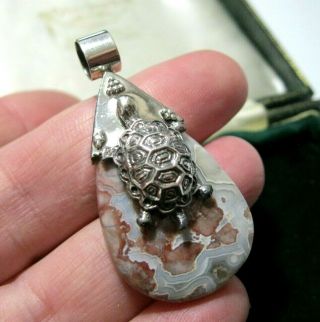 Vintage Style Sterling Silver Real Agate Tortoise Jewellery Necklace Big Pendant