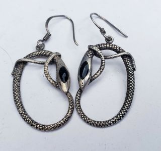 Vintage 925 Sterling Silver And Black Onyx Snake Earrings Dangle Oval