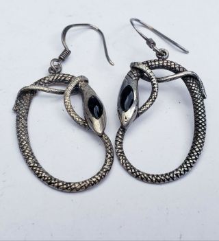 Vintage 925 Sterling Silver and Black Onyx Snake Earrings Dangle Oval 3