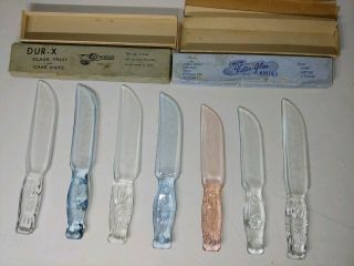 7 Vintage Glass Knives Vitex - Glas Dur - X Blue Pink Clear Star Floral 1 Pat.  Pend