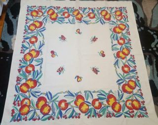 Vintage Tablecloth Huge Nectarines / Peaches & Cherries Turquoise Leaves