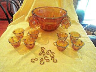 Vtg Indiana Iridescent Marigold Carnival Glass Grape Punch Bowl 12 Cup Set&clips