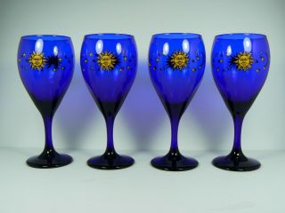 4 Vintage Libbey Celestial Sun Moon Stars Cobalt Blue 10 Oz Water Goblets