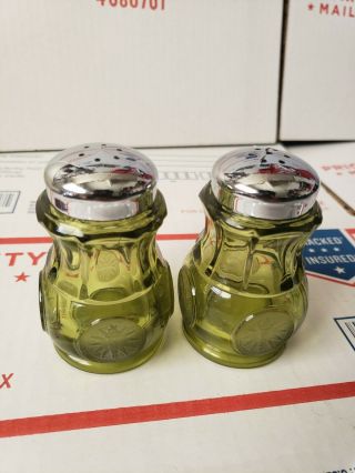 Vintage Fostoria Green Coin Stained Glass Salt And Pepper Shakers