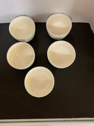 SET OF 5 VINTAGE SCIO POTTERY WHITE SOUP / CEREAL BOWLS,  RIBBED SIDES 2