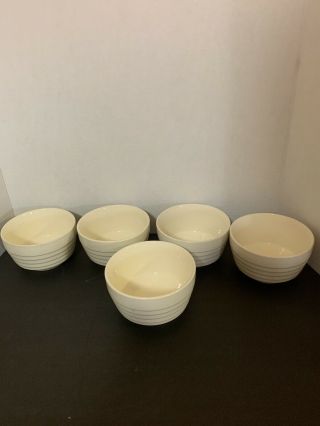 SET OF 5 VINTAGE SCIO POTTERY WHITE SOUP / CEREAL BOWLS,  RIBBED SIDES 6