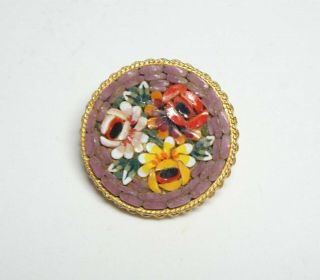 Vintage Micro Mosaic Brooch/pin - 3 Roses - Red,  Yellow,  White On Lavender - Italy