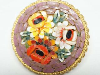 Vintage Micro Mosaic Brooch/Pin - 3 Roses - Red,  Yellow,  White on Lavender - ITALY 2