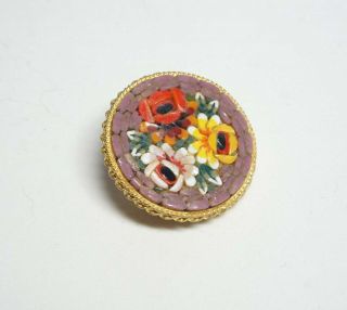 Vintage Micro Mosaic Brooch/Pin - 3 Roses - Red,  Yellow,  White on Lavender - ITALY 4
