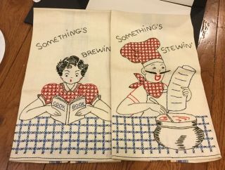 Pair 1940s Vintage Kitchen Linen Tea Hand Towel Embroidered W/ Stripes