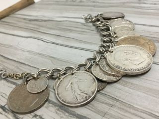 Vintage Multi - International Silver Coin Charm Bracelet,  7.  5 " Travel Memories