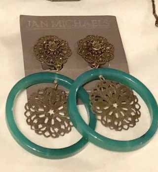Vintage Jan Michaels San Francisco Green Jade Dangle Cluster Clip - On Earrings 3”